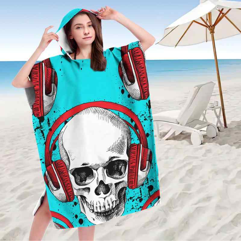 タオルポンチョ 大人用 男女兼用 マイクロファイバー フード付き 厚手 ドクロ柄 プリント お着替え ビーチ 海水浴 プール 吸水速乾 やわらか ラップタオル(x2)