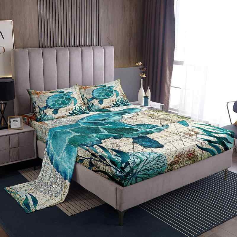 寝具カバーセット オーシャン 海亀柄 かわいい 動物柄 4点セット ポリエステル製 ピーチスキン加工 肌..