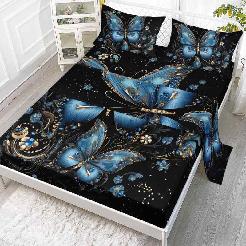 寝具カバーセット ブルー かわいい 蝶々柄 ボックスシーツ 4点セット ピーチスキン加工 速乾 洗える ポ..