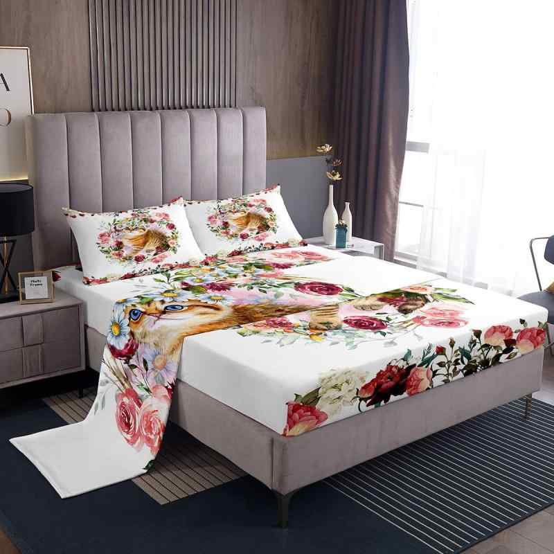 ベッドシーツ ピーチスキン加工 なめらか ふわふわ 洗濯OK ボックスシーツ アニマル柄 猫柄 かわいい ..