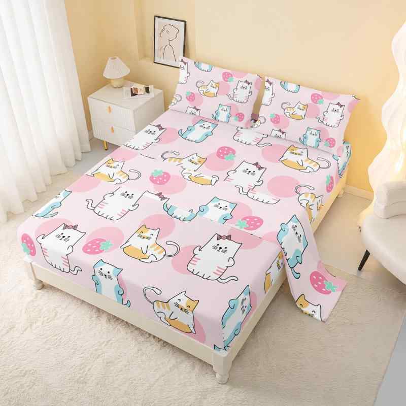 寝具カバーセット キッズ 子供用 かわいい 猫柄 ピンク いちご柄 フィットシーツ フラットシーツ 枕カ..