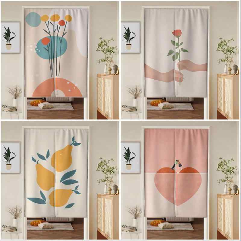 のれん 間仕切り 北欧インテリア 抽象幾何学デザイン フルーツ柄 花柄 花瓶 静物画 キッチン ダイニング 玄関 リビング 目隠し おしゃれ モダン 布製 アート(x2)
