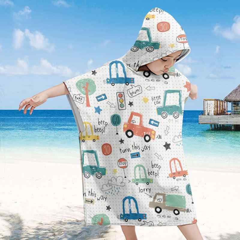 バスポンチョ キッズ 子供 キャラクター 車柄 プリント フード付き 日焼け防止 UVカット 吸水速乾 マイクロファイバー ビーチ プール スイミング 着替えタオル ゆったり バスローブ(x2)