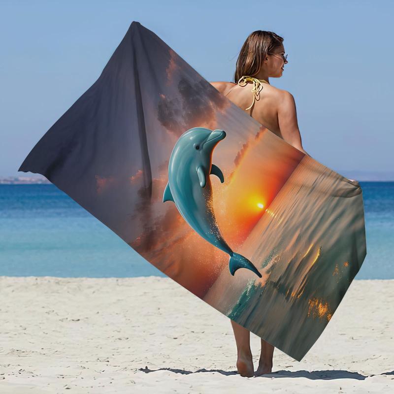 ビーチタオル マイクロファイバー 吸水速乾 軽量 ポリエステル プリント柄 イルカ柄 ドルフィン柄 アウトドア スイミング プール 海水浴 レジャー 大判 バスタオル(x2)