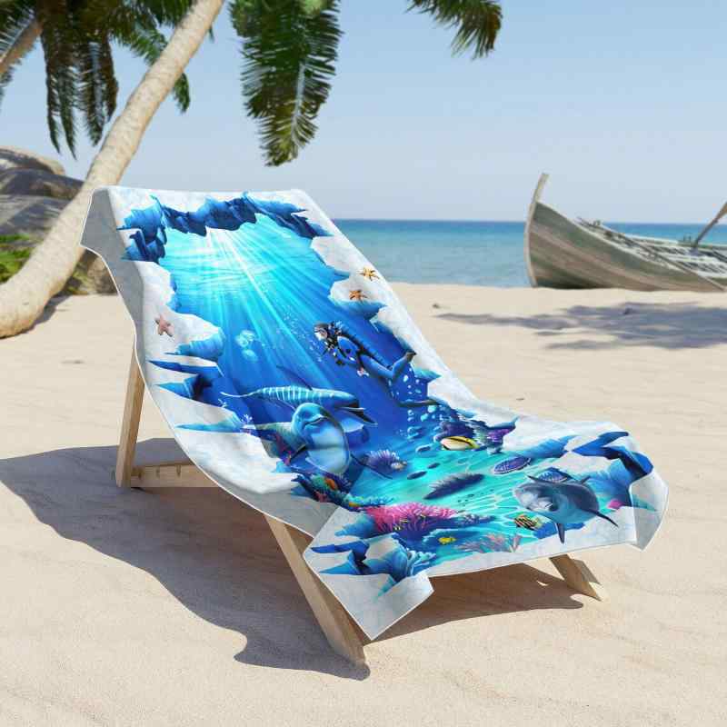 ビーチタオル マイクロファイバー 吸水 速乾 接触冷感 軽量 大判 3Dデジタルプリント マリン柄 イルカ ..