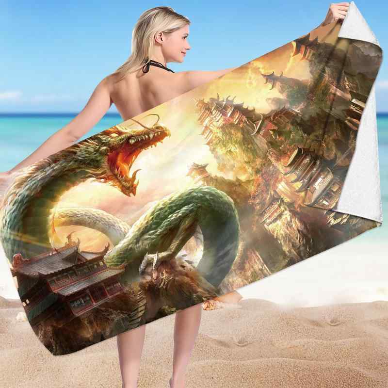 ビーチタオル マイクロファイバー 吸水速乾 大判 3Dデジタルプリント 龍柄 スナップボタン付き ビーチショール 羽織り 海水浴 プール 旅行 長方形 多色展開(x2)