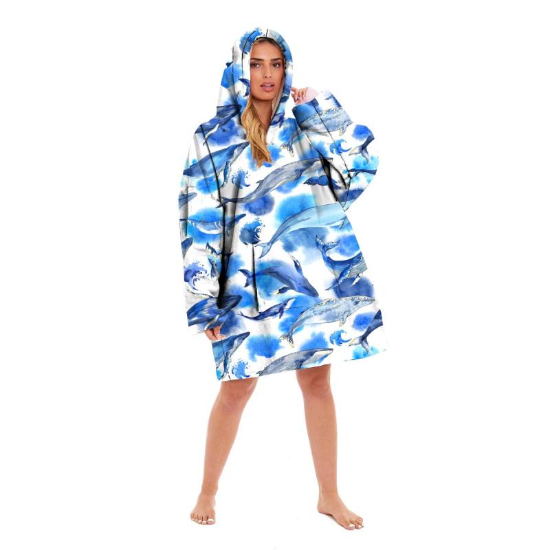 着る毛布 キッズ 大人 子供用 フランネル あったか 温かい プルオーバー フード付き 海洋柄 キャラクタ..