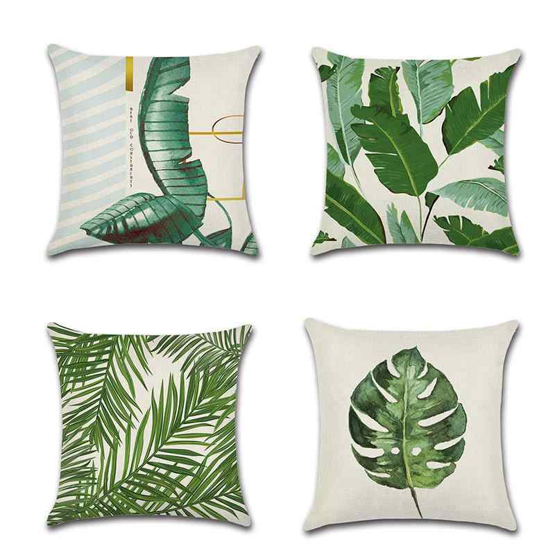 クッションカバー 麻 リネン コットンリネン 北欧風 ボタニカル柄 熱帯植物 バナナリーフ柄 グリーン ..