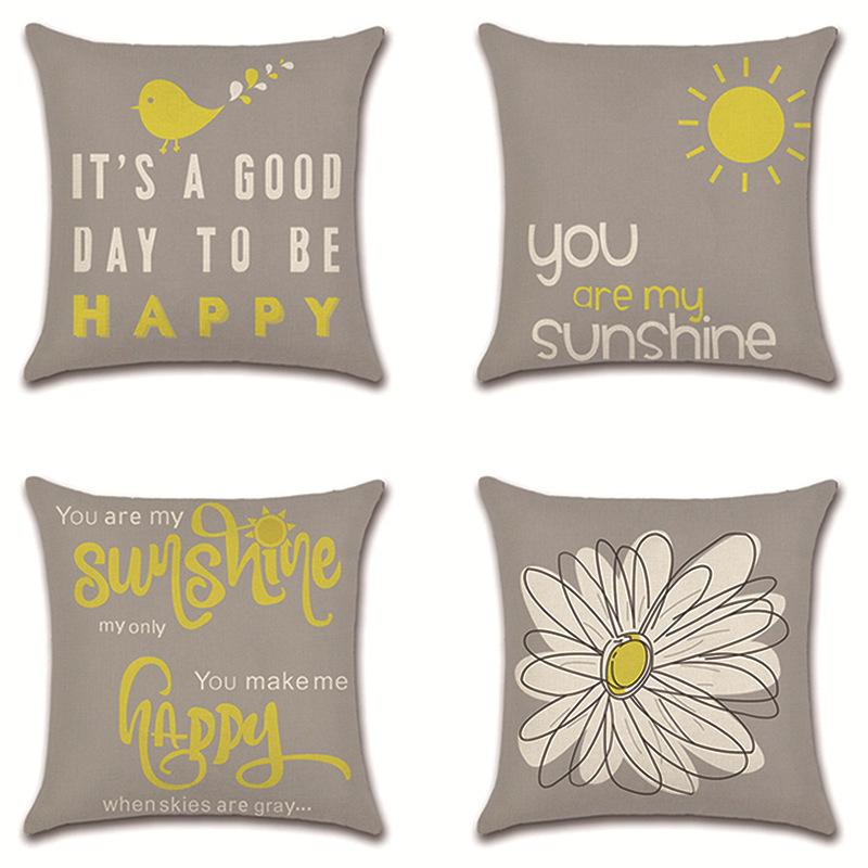 抱き枕カバー クッションカバー リネンコットン 麻素材 かわいい デイジー ヒナギク 英字プリント グレ..