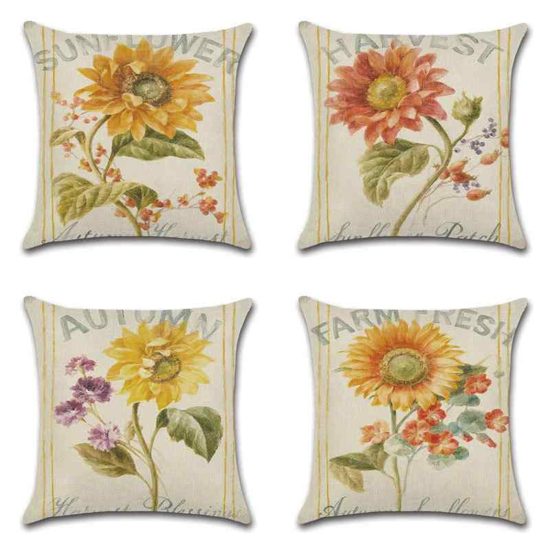クッションカバー リネン 麻 向日葵 ひまわり 花柄 ボタニカル プリント柄 田園風 カントリー調 ナチュ..