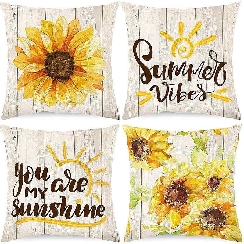 クッションカバー コットンリネン 麻 リネン ひまわり 秋の風景柄 かわいい カートゥーン風 プリント ..
