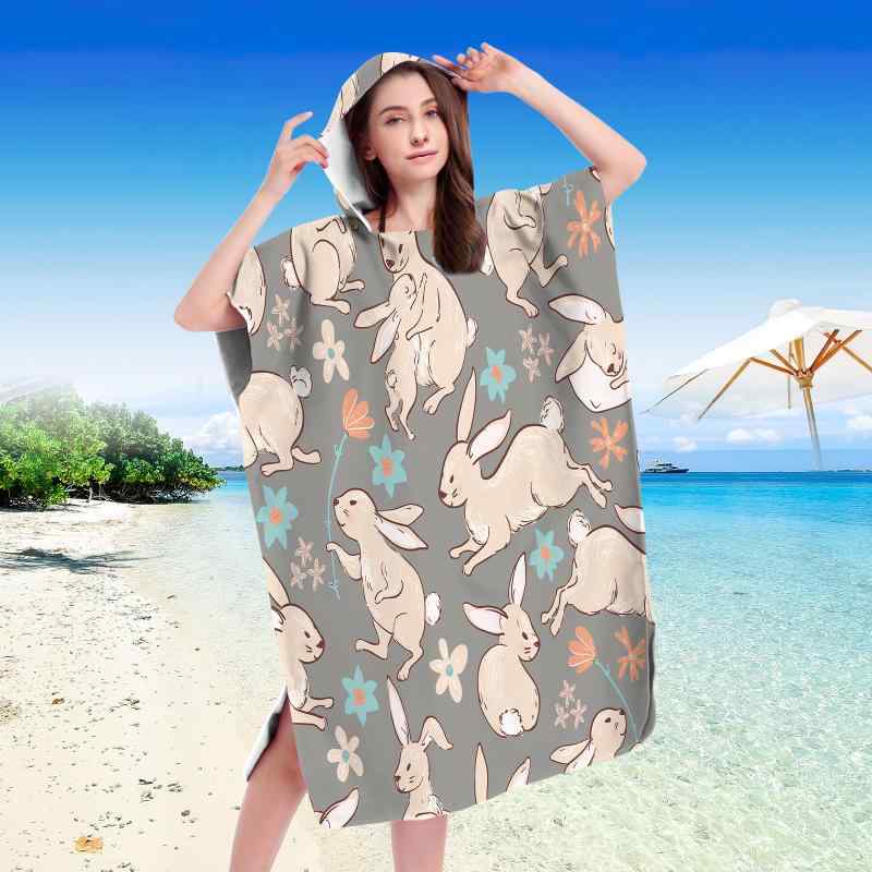 お着替えポンチョ 吸水速乾 マイクロファイバー 軽量 うさぎ柄 フード付き ビーチ 海水浴 プール スイミング レジャー バスローブ 日焼け対策(x2)