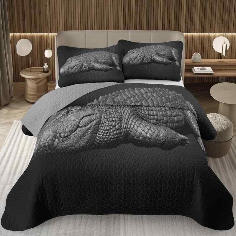 寝具セット 3点セット 3Dデジタルプリント キルティング ワニ柄 動物モチーフ ベッドカバー ベッドスプレッド ポリエステル 北欧風 おしゃれ 寝室用 オールシーズン