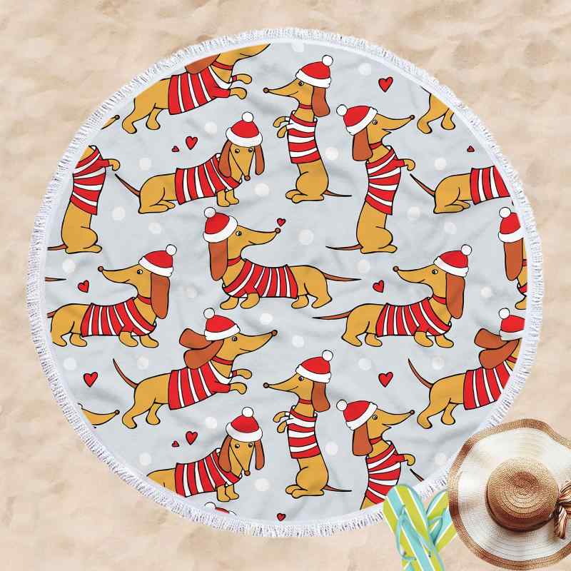 ビーチタオル マイクロファイバー 円形 3Dデジタルプリント 犬柄 ドッグデザイン ショール 羽織り ラン..