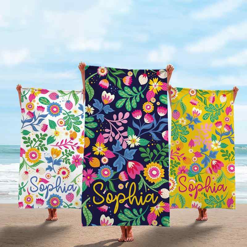 ビーチタオル バスタオル マイクロファイバー 吸水速乾 厚手 カラフル 花柄 リーフ柄 プリント プール レジャー用 70x140cm(x2)(3)