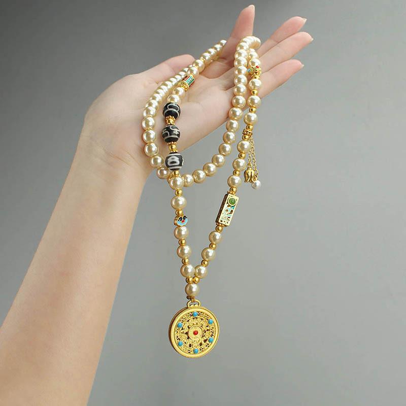 ネックレス レディース 新中華風 民族調 フェイクパール 模造パール ひょうたん 平安扣 ロングペンダント 手編み ビーズチェーン 高級感 レトロ アンティーク チャイナドレス 馬面スカート アクセサリー
