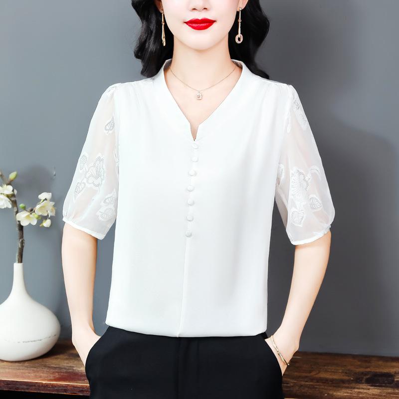 シャツ レディース シルク 半袖 ゆったり 体型カバー 着痩せ 細見え 上品 エレガント ミセス 通勤 オフィス アイロン不要 プルオーバー ショート丈 ブラウス