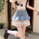 スカート レディース 春夏 高ストレッチ ウォッシュ加工 コットン デニム生地 ティアード プリーツ レース切り替え ミニ丈 アメリカン 大人セクシー トレンド ブルー