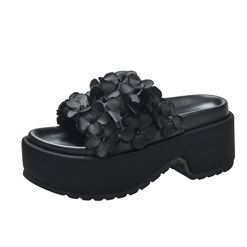 サンダル レディース 軽量 厚底 ワンストラップ オープントゥ フラワーモチーフ 着痩せ効果 カジュアル おしゃれ ラウンドトゥ シルクアッパー 豚革インナー 春夏 ブラック