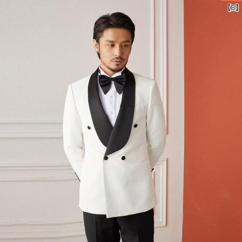 スーツ メンズ スリムフィット 細身 ショールカラー ホワイト 配色 バイカラー ビジネス フォーマル カジュアル 宴会 パーティー 結婚式 二次会 おしゃれ 上品 エレガント デザイン セットアップ 礼装 上下 オールシーズン