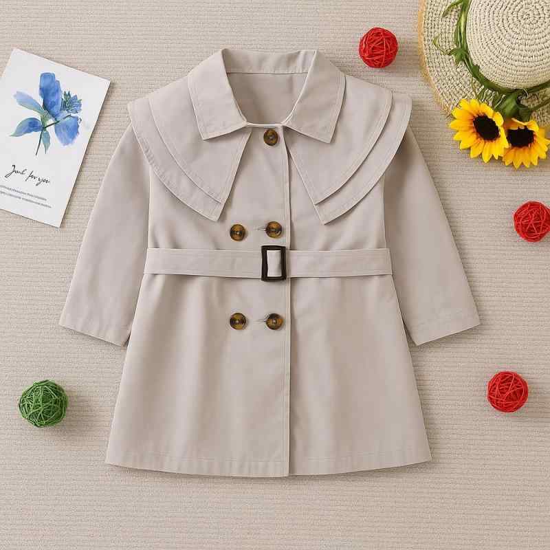 トレンチコート 女の子 キッズ 子供服 秋冬 ダブルボタン 綿素材 ミドル丈 アウター 長袖 韓国風 カジュアル おしゃれ 着回し 万能 ライトアウター グレー...