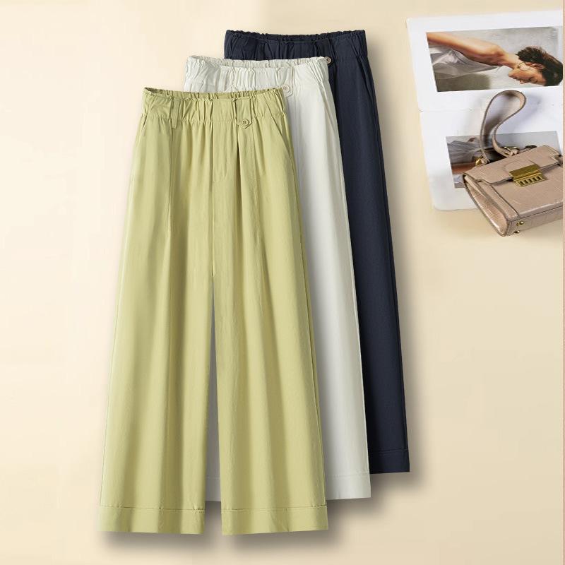 カジュアルパンツ レディース 白 薄手 春夏 ゆったり 細見え 小柄 ハイウエスト ワイドストレート 九分丈 ポリエステル 微ストレッチ ポケット 通勤 きれいめ