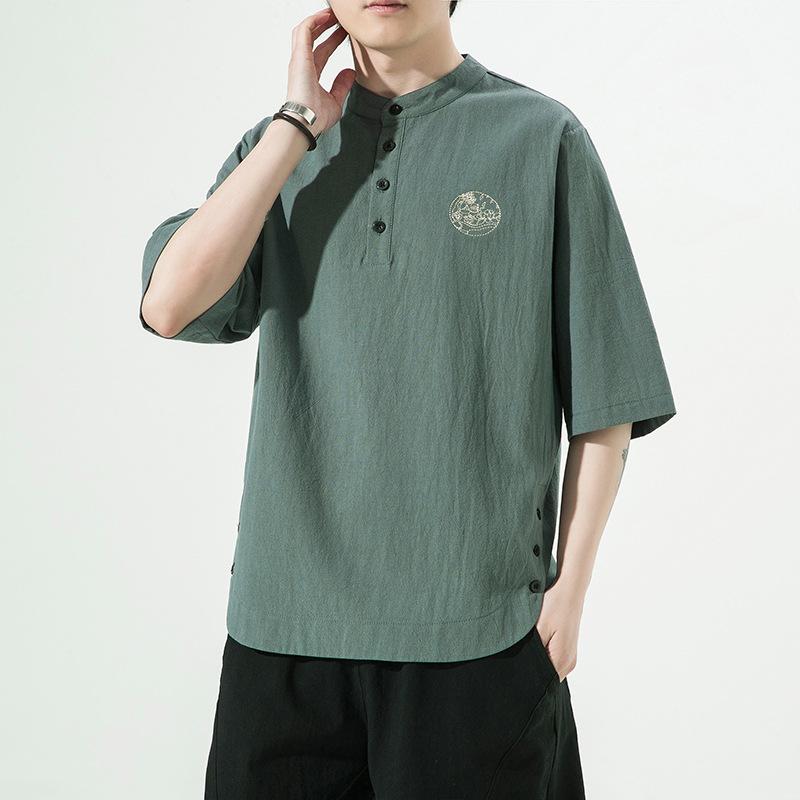 トップス メンズ 男性用 中国風 唐装 日系 和風 刺繡 レトロ 復古調 リネン コットンリネン 亜麻 綿麻 半袖 五分袖 大きいサイズ ビッグサイズ ゆったり 春夏 Tシャツ 上着 シャツ 赤 緑 黒 白