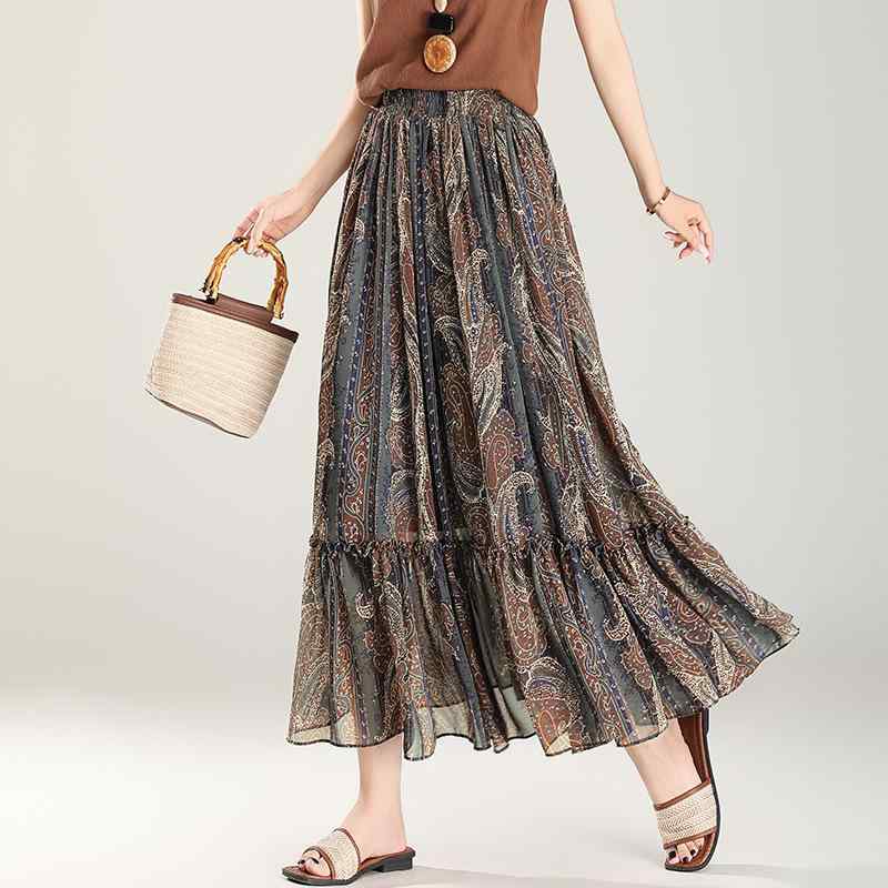 半身スカート レディース ドレープ感 小花柄 春夏 プリーツ シフォン ミモレ丈 Aライン おしゃれ きれいめ 通勤 オフィス フリル 微ストレッチ 若見え 切り替え ポリエステル