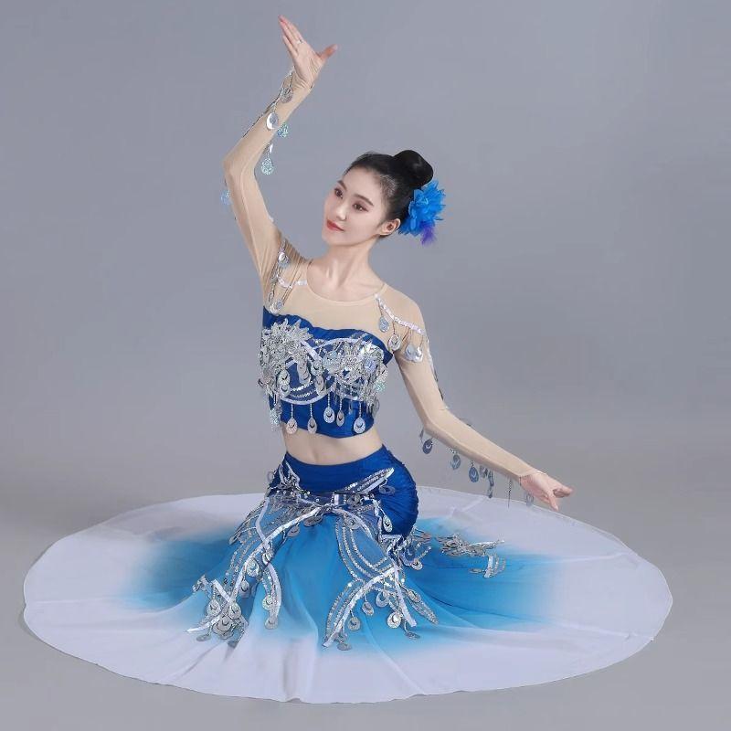 民族舞踊衣装 大人用 ユニセックス ダンスウェア タイ族ダンス 孔雀舞 傘舞 発表会 ステージ 練習用 スリムフィット ボディライン強調 シェニール素材 スパンデックス ストレッチ ロイヤルブルー