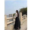 スカート レディース 体型カバー 着痩せ 高伸縮性 フリル ティアード チュール ロングスカート 切り替え プリーツ フレア エレガント 清楚 甘め プリンセス風