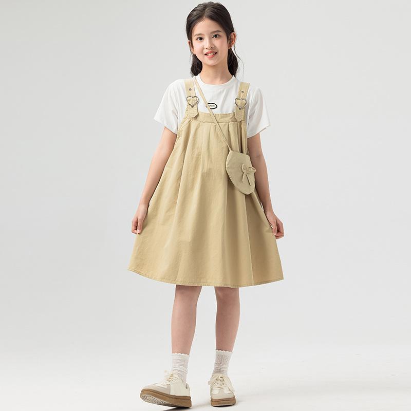 薄手 キッズ ジュニア 女の子 韓国風 春夏 カジュアル サロペットワンピース 半袖 Tシャツ 2点セット 綿100% アルファベット柄 カーキ