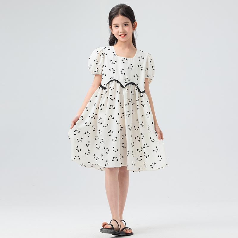 ワンピース キッズ ジュニア 女の子 韓国 アニマル柄 パフスリーブ 半袖 レース フリル コットン裏地 ポリエステル素材 プリンセスライン シンプルデザイン 親子コーデ オフホワイト 春夏