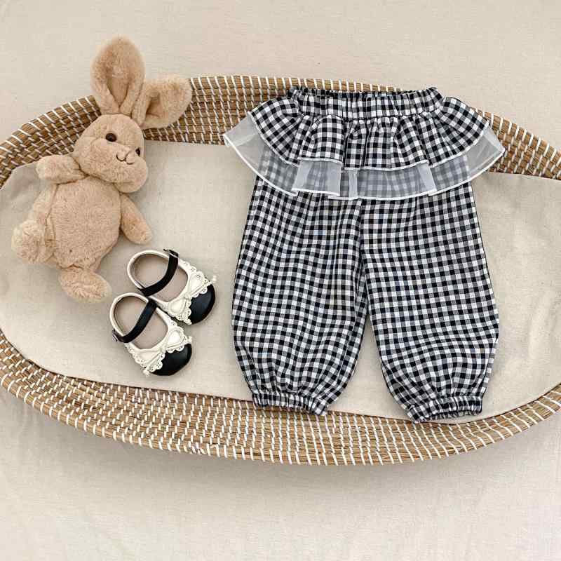 パンツ 女の子 ベビー キッズ 防蚊 夏物 白黒チェック柄 メッシュフリル ロングパンツ 綿混 通気性 カジュアル 普段着 通園 公園遊び 韓国ファッション