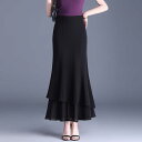 スカート レディース シフォン マーメイドスカート ロング丈 春夏 ドレープ感 軽やか フリル タイト 通勤 オフィス エレガント 高身長 ブラック ストレッチ