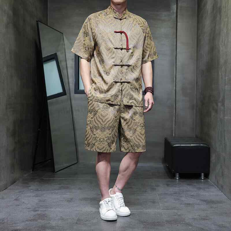 セットアップ メンズ 半袖 切り替え サテン ジャカード織り 中国風 江崖紋 チャイナボタン ポリエステル素材 トップス ハーフパンツ 2点セット 春夏 カジュアルスタイル