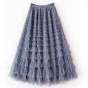 スカート レディース 春秋 高ストレッチ ティアード チュール ロング丈 ハイウエスト ボリューム ふんわり 切り替え 上品 フェミニン きれいめ 無地 フレア 多色展開