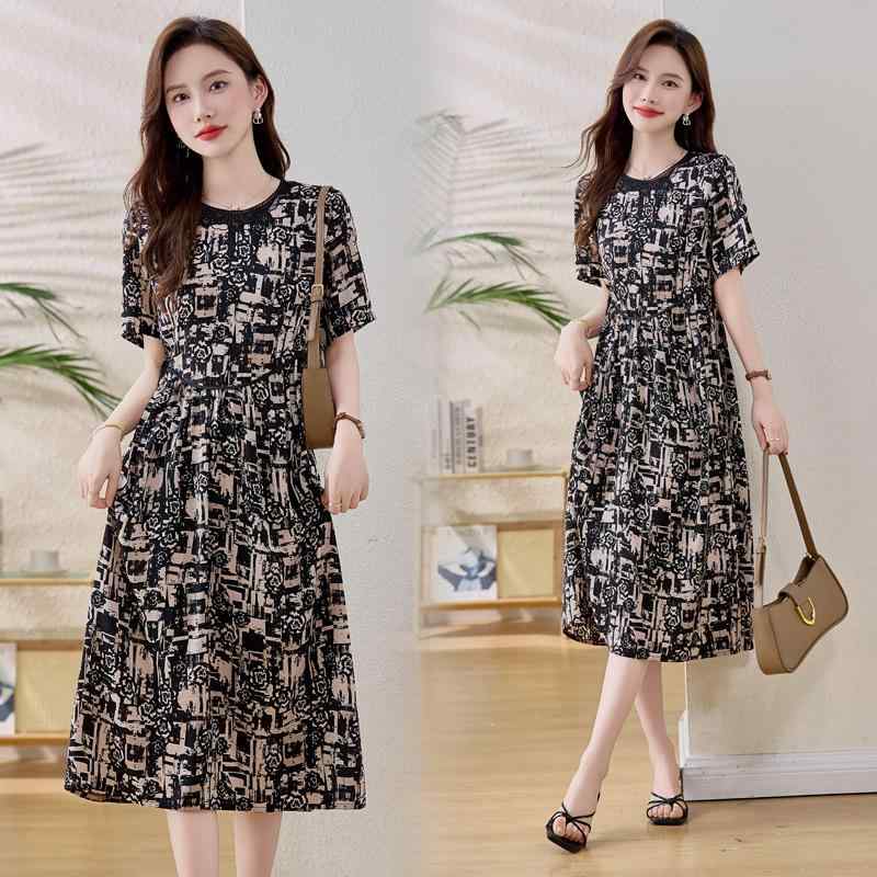 ワンピース レディース シルク シフォン 半袖 シワになりにくい ラウンドネック ハイウエスト Aライン 着痩せ ウエストマーク ミモレ丈 花柄プリント 上品 エレガント 通勤 オフィス お呼ばれ ミセス ママ 春夏
