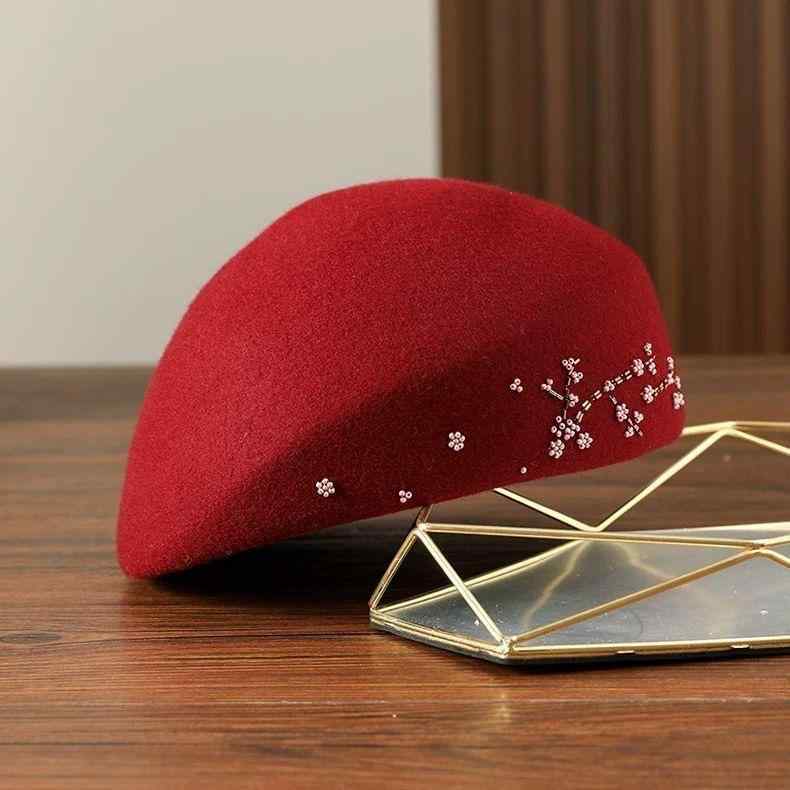 ベレー帽 レディース 防寒 防風 暖かい 羊毛 ウール エレガント 上品 気品 梅の花 ビーズ飾り レトロ ..