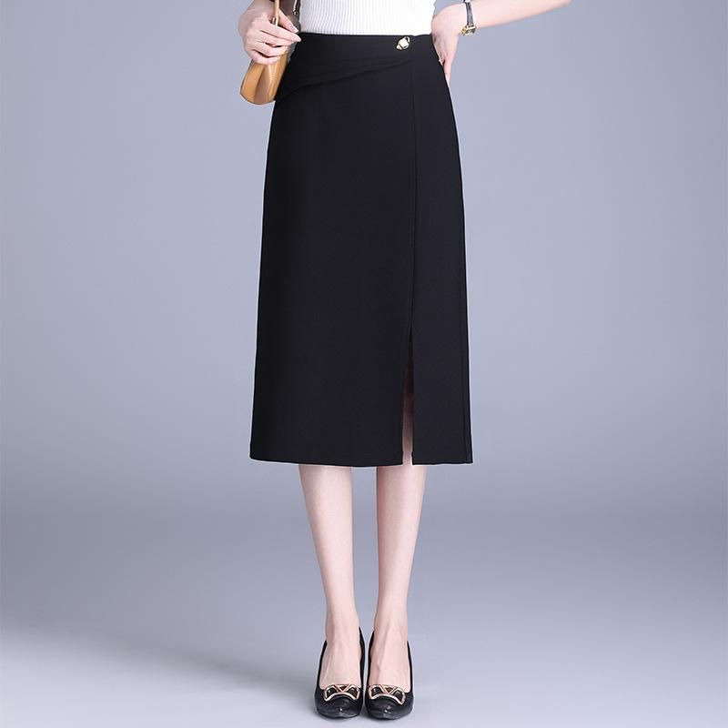 スカート レディース 女性用 エレガント 上品 通勤 オフィス ストレッチ 伸縮性 フロントスリット スリット入り ストレート ミディ丈 ミモレ丈 タイトスカート ペンシルスカート オールシーズン ブラック ポリエステル