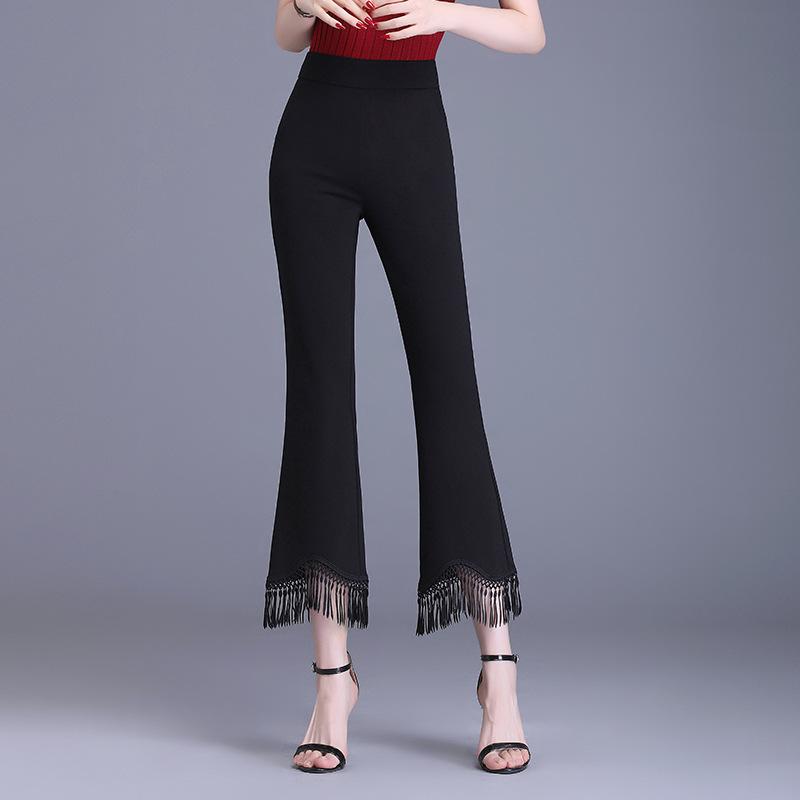 パンツ レディース ハイウエスト 九分丈 微フレア 薄手 フリンジ 大きいサイズ ゆったり 小柄な方 スタイルアップ 細見え カジュアル 通勤 春夏