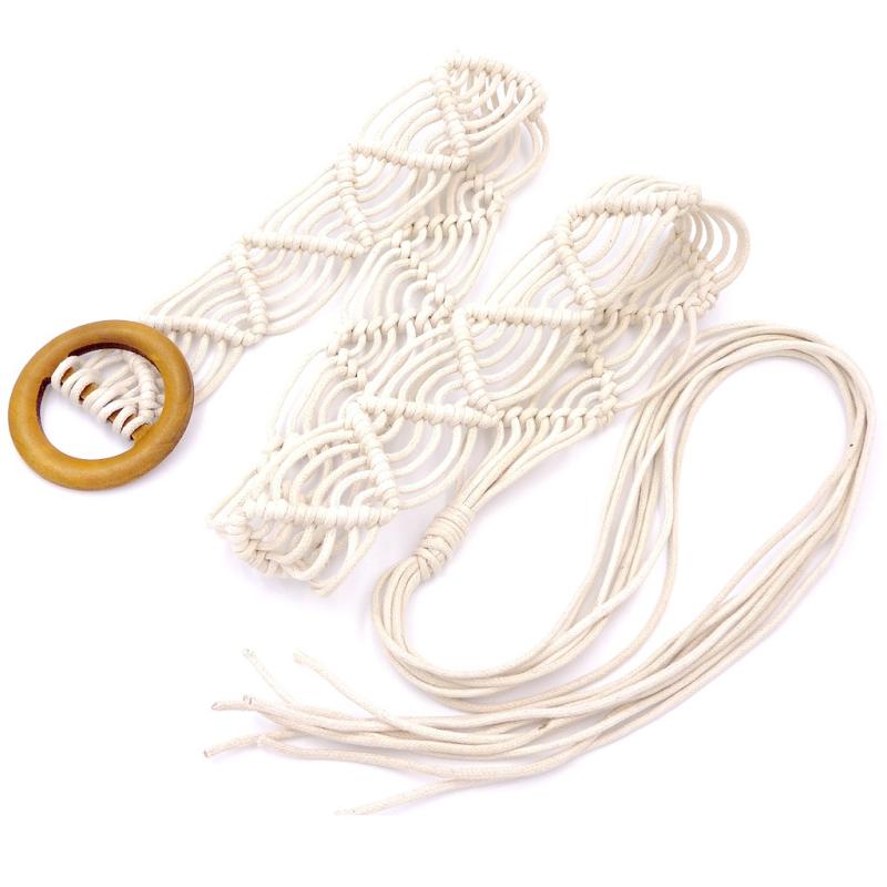 ベルト レディース 綿 コットン 蝋引き紐 木製バックル 手編み 編み込み 水波模様 民族調 エスニック レトロ ボヘミアン おしゃれ 太め..