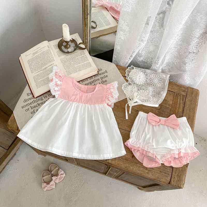 ベビー 女の子 夏 セットアップ おしゃれ 薄手 配色 フリル袖 トップス ショートパンツ コットン100% 2点セット 普段着 お出かけ カジュアル 通気性 快適 ルームウェア