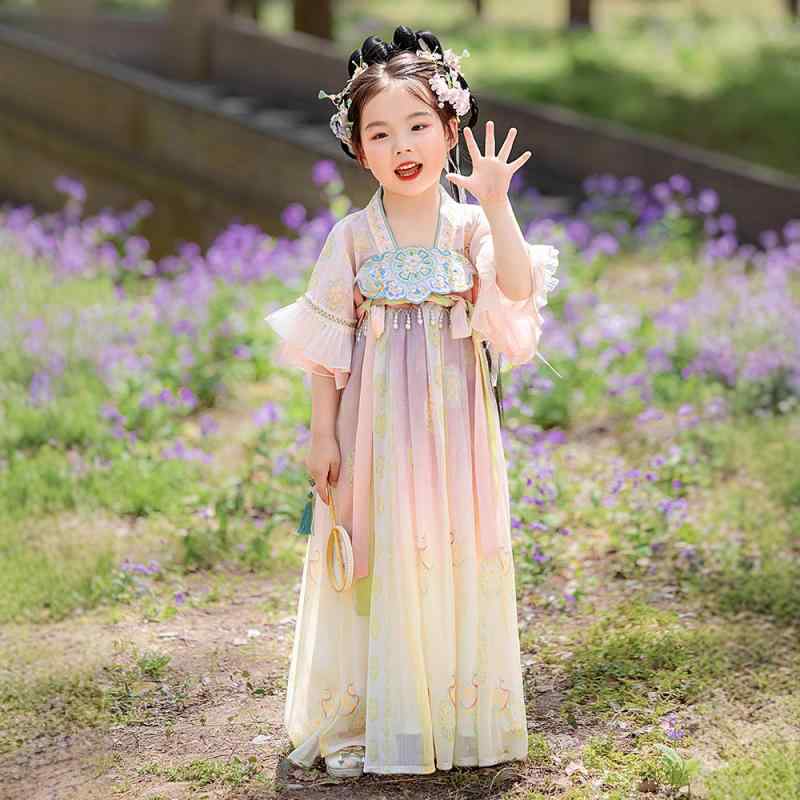 漢服 女の子 キッズ 子供服 夏用 普段使い カジュアル 半袖 プリンセスドレス 柔らか ポリエステル製 高級感 中国風 古風 華やか 上品 淡いパープル ワンピース ガールズ