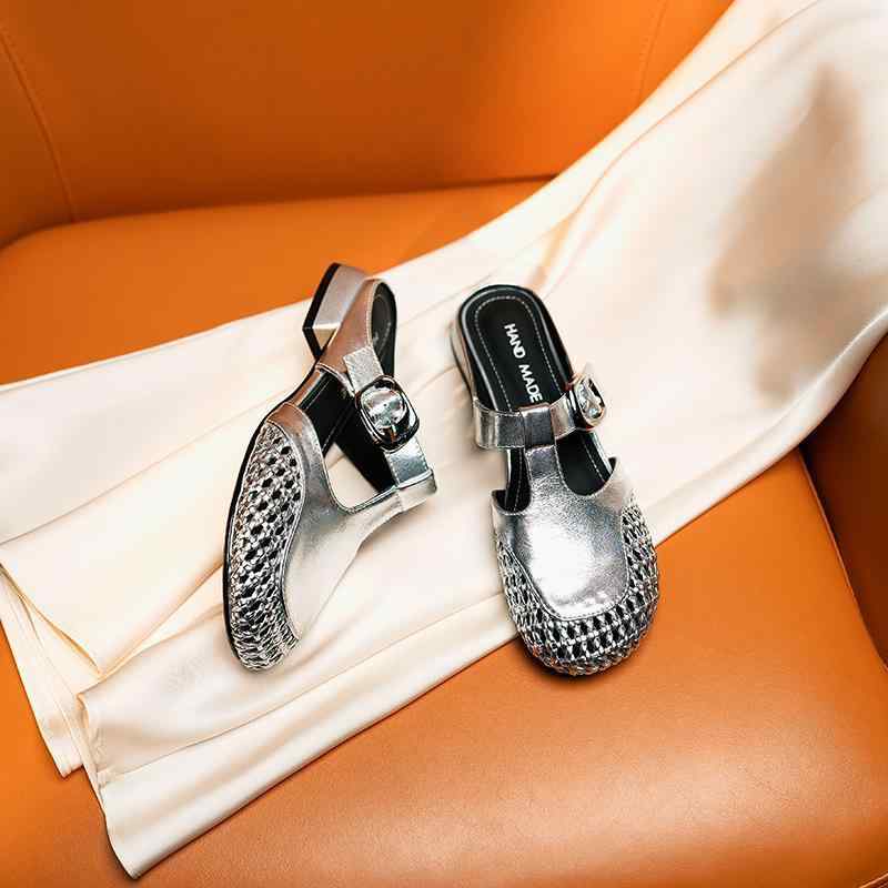 ミュール レディース 軽量 通気性 おしゃれ 編み込みメッシュ つま先カバー ラウンドトゥ 太ヒール チャンキーヒール 外履き カジュアル オフィス 夏 サンダル スリッパ 合皮 フェイクレザー
