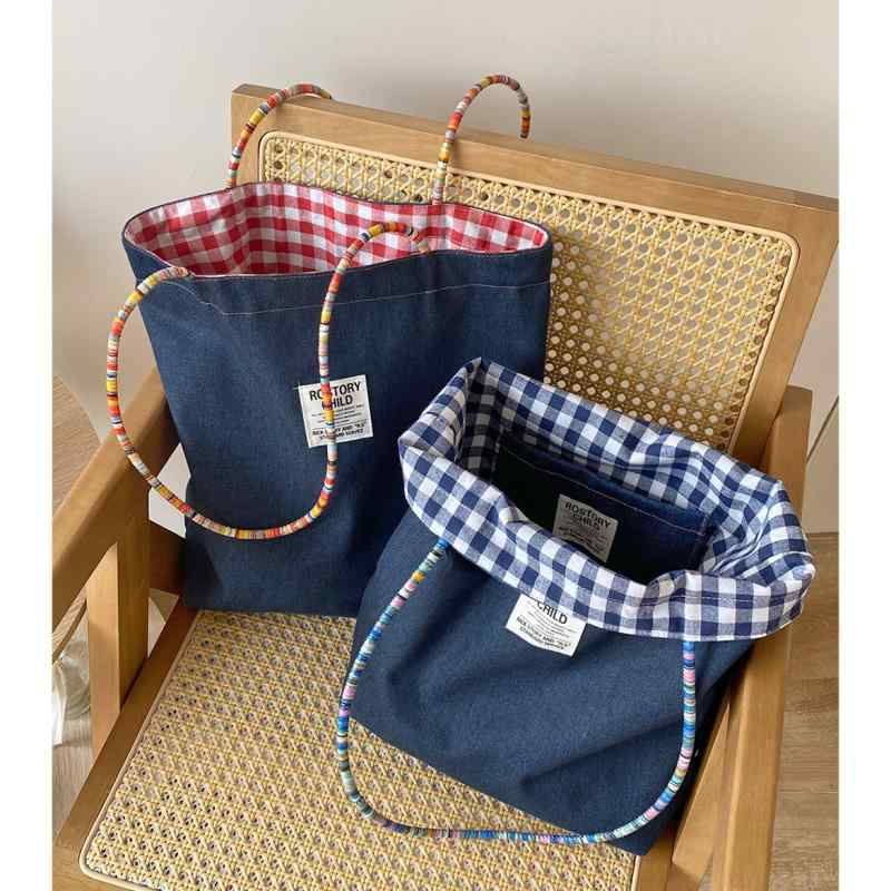 トートバッグ レディース リバーシブル デニム 帆布 チェック柄 大容量 通勤 通学 A4対応 レトロ カジュアル 縦型 スマホポケット付き レッド ブルー