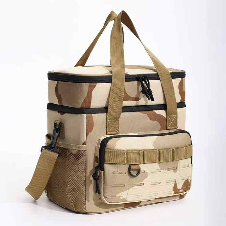 クーラーバッグ 男女兼用 大容量 ダブルデッキ 防水 漏れ防止 保冷 保温 軽量 PEVA素材 オックスフォード生地 トートバッグ 折りたたみ アウトドア キャンプ ピクニック 迷彩柄 ブラック