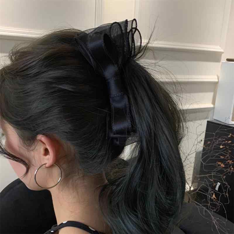 ヘアアクセサリー レディース 手作り ブラック 二重チュール リボン バナナクリップ プリンセス風 多用..