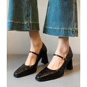 パンプス レディース 女性用 メリージェーン ストラップ チャンキーヒール ハイヒール スクエアトゥ 浅口 レトロ フレンチスタイル 超繊維 レザー切り替え 豚...