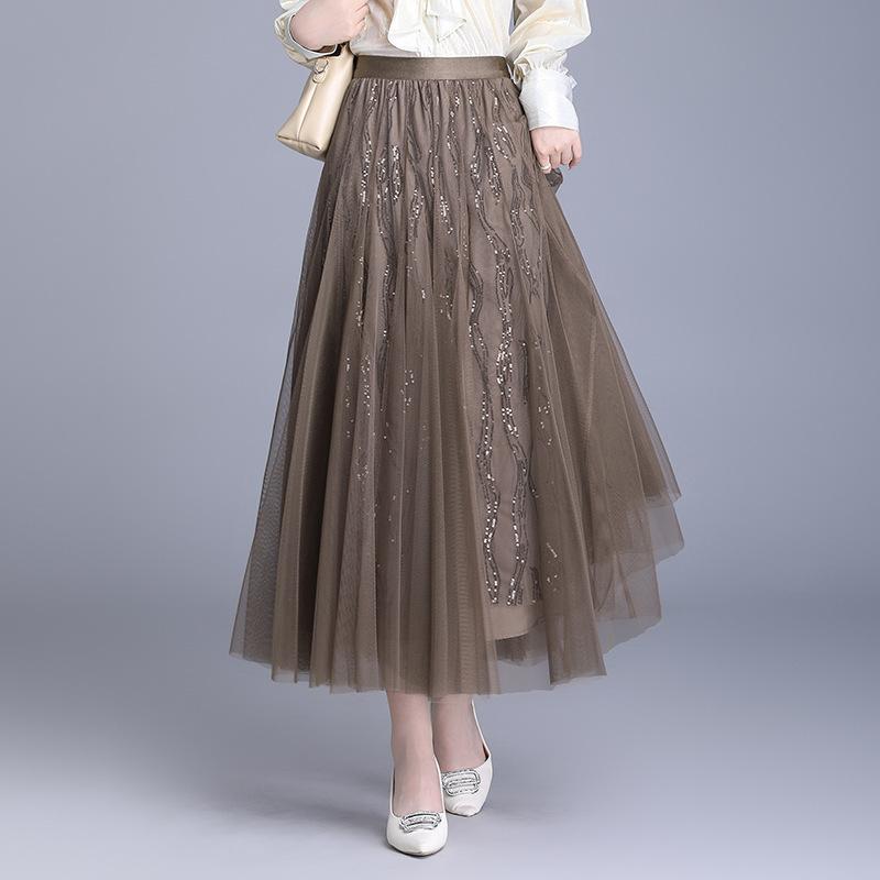 スカート レディース ウエストゴム 微ストレッチ ドレープ 落ち感 着痩せ 細見え 通勤 上品 綺麗め 若見え 韓国風 スパンコール メッシュ チュール 切り替え プリーツ Aライン ミモレ丈 ポリエステル