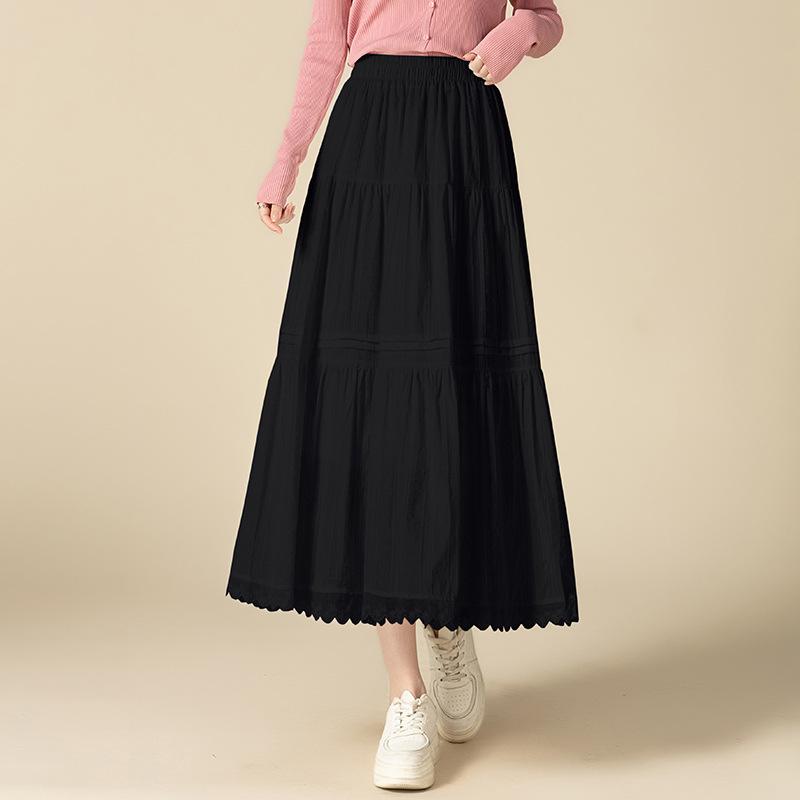 スカート レディース フレンチデザイン 配色切り替え レース プリーツ シアー素材 フリル使い ハイウエスト Aライン ミディ丈 きれいめ エレガント 通勤 春夏 ポリエステル ストレッチ ブラック ホワイト フリーサイズ(4)